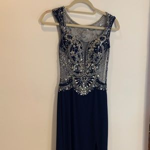 Custom beaded navy prom dress